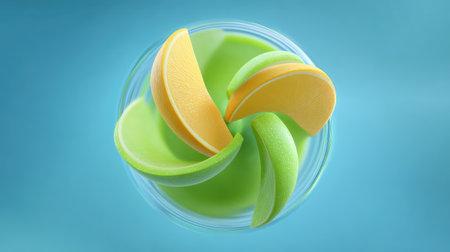 A stunning display of yellow and green fruit slices artfully arranged in a glass bowl against a bright aqua background, ideal for culinary and food-related designs.の素材