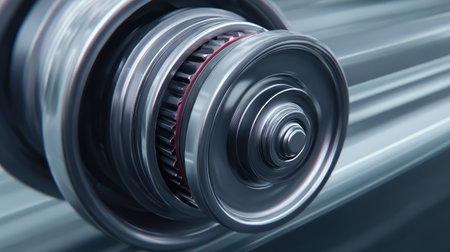 This close-up image showcases a futuristic metallic gear mechanism, emphasizing precision engineering and design, ideal for technology and industry-related themes.の素材