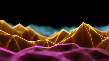 Stunning abstract digital landscape featuring vibrant neon-colored peaks and valleys, creating a mesmerizing visual experience against a dark background.の素材