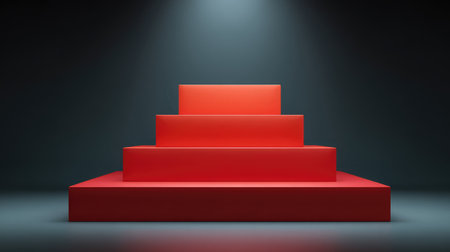A striking red step platform under dramatic lighting creates a captivating visual for artistic presentations, photography themes, and minimalistic designs.の素材
