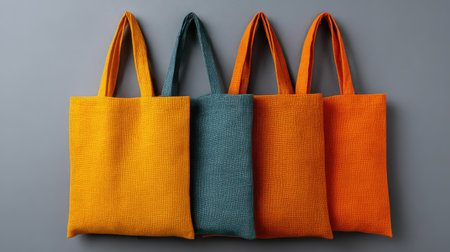 Vibrant collection of reusable fabric bags in yellow, orange, and blue arranged neatly on a grey background, perfect for environmentally conscious shopping and stylish organization.の素材