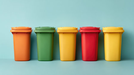 A vibrant display of five colorful garbage bins arranged neatly against a light blue wall, perfect for promoting waste segregation and recycling initiatives in urban settings.の素材