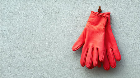 A pair of bright orange rubber gloves hangs neatly on a hook against a light grey textured wall, symbolizing safety and cleanliness in household chores.の素材
