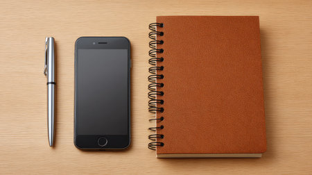 A modern office workspace flat lay featuring a smartphone, a stylish notebook, and a sleek pen on a wooden desk. Perfect for promoting creativity and productivity.の素材