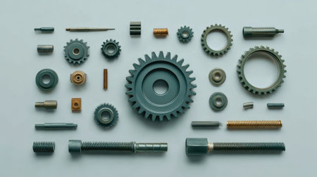 A stunning arrangement of various mechanical components including gears, bolts, and washers displayed on a smooth surface, ideal for showcasing engineering and industrial design concepts.の素材
