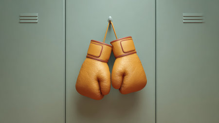 Vintage boxing gloves hanging in a locker represent dedication and the spirit of sports. A perfect image for themes of training, competition, and fitness motivation.の素材