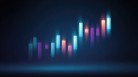 A visually striking abstract image showcasing a financial candlestick chart, representing growth trends with vibrant colors and dynamic lighting against a dark backdrop.の素材