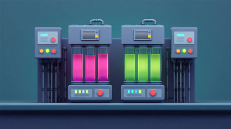 A striking depiction of modern laboratory equipment, featuring beakers filled with vivid pink and green liquids, ideal for science and technology-related themes.の素材