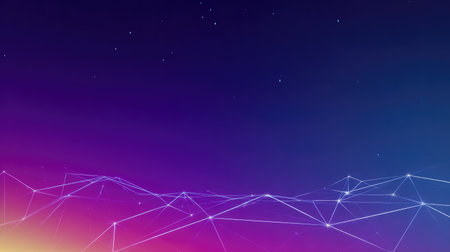 This vivid abstract illustration displays a network of connections against a gradient sky, showcasing the fusion of technology and creativity in a vibrant visual style.の素材