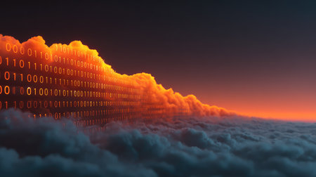 Captivating abstract image showcasing vibrant clouds illuminated by binary code against a stunning sunset, symbolizing the fusion of technology and nature.の素材