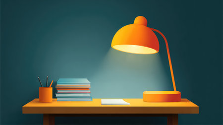 A modern workspace featuring a bright orange desk lamp casting warm light over neatly stacked books and a blank notepad, set against a calming blue wall.の素材