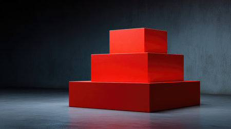 A vibrant arrangement of red geometric shapes set against a dark background, highlighting modern design elements for use in art, decor, or creative media projects.の素材