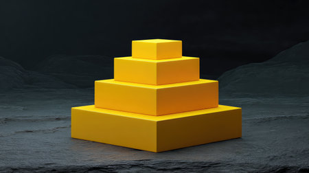 A captivating arrangement of yellow geometric shapes stacked together, set against a dark background, ideal for abstract art projects and modern design themes.の素材