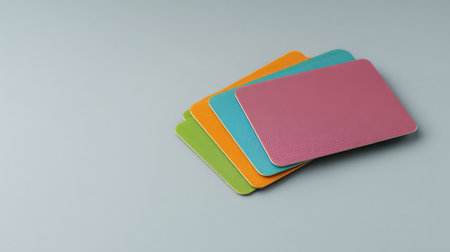 A collection of colorful blank cards in vibrant hues, perfect for creative projects, presentations, or decorative elements in various applications.の素材
