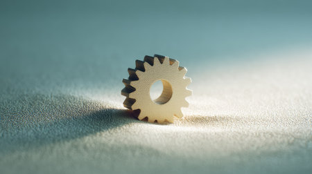 A striking close-up image of a single golden gear resting on a soft surface, showcasing its intricate design and the beauty of industrial craftsmanship in a minimalistic composition.の素材