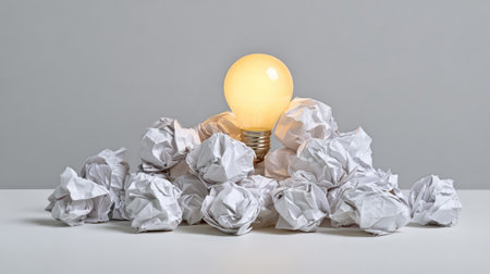 A glowing light bulb stands out among crumpled white papers, symbolizing creativity and the process of transforming discarded ideas into innovative solutions and insights.の素材