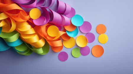 A stunning display of colorful paper strips and circular cutouts creates a lively and joyful atmosphere, perfect for party themes, art projects, or festive designs.の素材