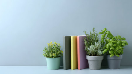 A serene arrangement of potted plants alongside colorful books on a soft blue background, perfect for enhancing the aesthetic of home or office spaces with a fresh, vibrant touch.の素材