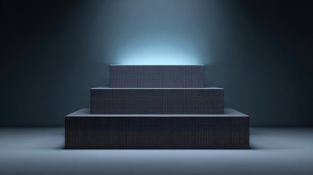 This striking image features three geometric platforms with soft illumination, set against a dark background, creating an ideal stage for artistic performances or visual displays.の素材