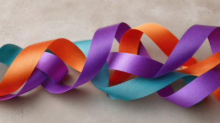 A dynamic arrangement of colorful satin ribbons in shades of orange, purple, and turquoise on a textured surface, ideal for crafting, decorating, or celebrating special occasions.の素材