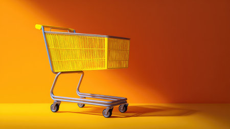 A striking yellow shopping cart stands against a bold orange backdrop, embodying themes of retail and consumerism while providing a modern visual for marketing and e-commerce.の素材
