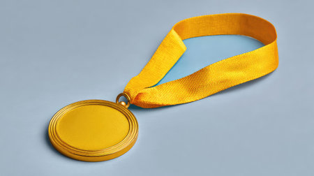 A vibrant gold medal with a yellow ribbon rests against a soft blue background, perfect for representing awards, achievements, and competitive success in various fields.の素材