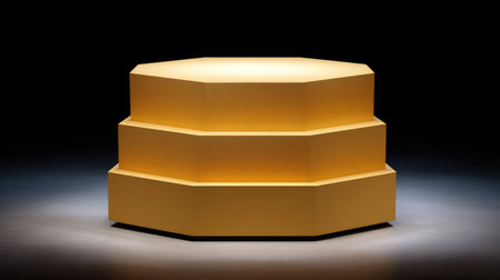 A striking three-tiered geometric display in bright yellow, designed to captivate attention with its unique shape and modern aesthetic ideal for artistic and decorative applications.の素材