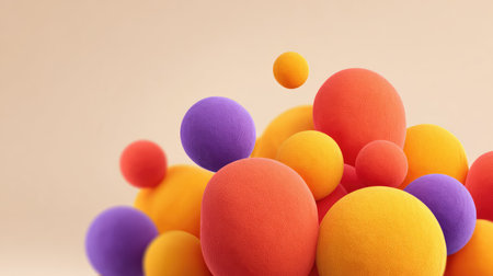 This image features a collection of colorful spheres in vibrant orange, purple, and yellow, creating a playful and modern abstract composition ideal for various design projects.の素材