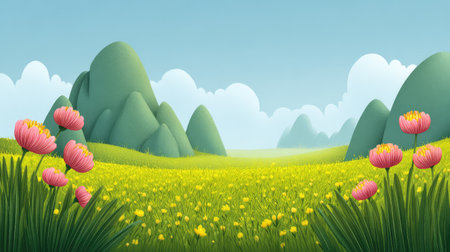 This serene nature scene features vibrant flowers in a lush meadow surrounded by rolling green hills and a bright blue sky, evoking feelings of tranquility and adventure.の素材
