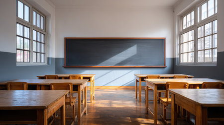 An inviting empty classroom showcasing wooden desks and large windows that allow natural light to fill the space, ideal for educational materials or creative endeavors.の素材