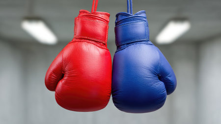A striking image of red and blue boxing gloves representing the spirit of competition, ready for action in a well-lit training gym environment, perfect for sports-related projects.の素材