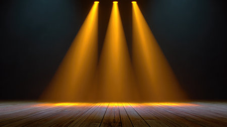 A captivating scene showcasing golden spotlights casting a warm glow on a dark stage with a polished wooden floor, ideal for theatrical performances and dramatic events.の素材