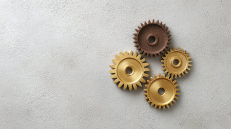 A collection of vintage and modern gears in various finishes positioned on a gray surface, highlighting the beauty of industrial design and technology for creative uses.の素材