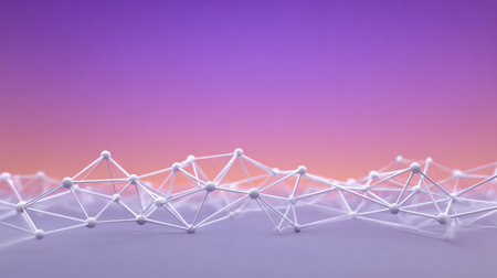 A stunning 3D abstract representation of connections using white lines and spheres, set against a captivating gradient background, showcasing modern design and technology.の素材