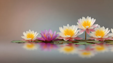 A stunning arrangement of water lilies gracefully floating on a tranquil surface, showcasing their vibrant colors and delicate petals reflecting a serene natural beauty.の素材