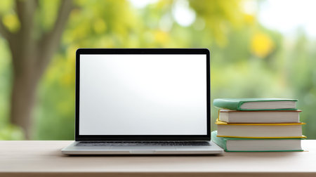 A sleek laptop rests on a wooden table beside a stack of colorful notebooks, set against a beautifully blurred natural background, implying a calm and focused study environment.の素材