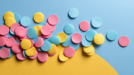 A vibrant array of colorful round paper circles in pink, yellow, and blue scattered across a bright backdrop, ideal for craft projects, celebrations, and creative decor.の素材