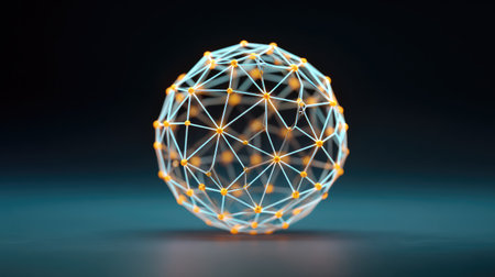 A visually striking 3D representation of a sphere made of interconnected nodes, featuring glowing highlights that symbolize technology and digital communication concepts in a modern setting.の素材
