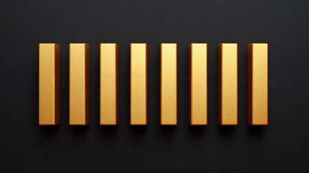 A modern arrangement of gold bars on a textured dark background, creating a striking visual that represents wealth, luxury, and financial success in a sophisticated manner.の素材