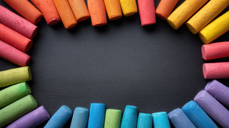 A vibrant array of chalk pieces arranged in a circular format, showcasing bright colors against a dark background. Perfect for artistic and educational uses.の素材