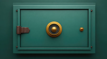 A vintage safe design features a round dial and golden handle against a green wall. This image illustrates security, elegance, and classic craftsmanship for your projects.の素材