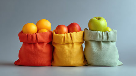 A visually appealing arrangement of colorful fabric bags containing an assortment of fresh fruits highlights the beauty of healthy eating and vibrant colors in food photography.の素材