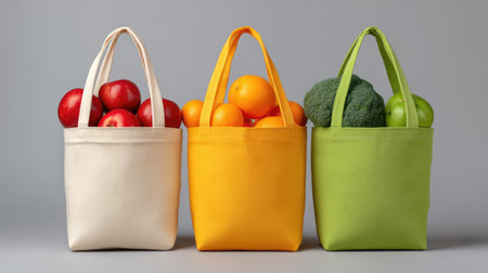 Vibrant canvas bags filled with apples, oranges, and broccoli against a gray backdrop, promoting healthy eating and eco-friendly shopping habits for a nutritious lifestyle.の素材