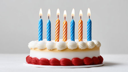 A vibrant birthday cake adorned with eight colorful candles, radiating warmth and joy, ideal for any festive celebration or special occasion, capturing moments of delight.の素材