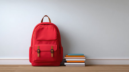 A bright red backpack stands beside a stacked collection of books in a modern room, showcasing an ideal combination of style, functionality, and minimalist design.の素材