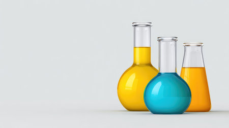 Three glass laboratory flasks containing blue, yellow, and orange liquids are arranged on a smooth surface, perfect for scientific education and analysis.の素材