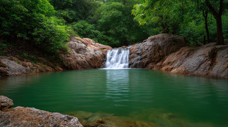 A beautiful waterfall flows gently into a clear green pool, surrounded by vibrant foliage, creating a perfect spot for relaxation and nature exploration.の素材