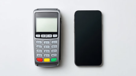 A payment terminal and a smartphone are displayed on a clean white surface, highlighting the integration of technology in retail and e-commerce for seamless transactions.の素材