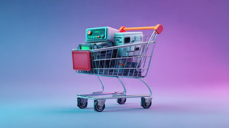 A visually striking shopping cart filled with retro electronics sits against a vibrant backdrop, capturing the essence of modern consumer culture and nostalgia.の素材