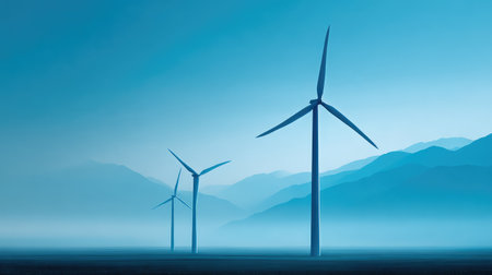 Captivating image showcasing wind turbines in a tranquil landscape, enveloped in a soft blue mist with mountains in the background, symbolizing clean energy advancement.の素材
